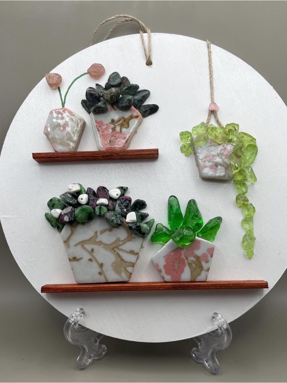 Hand Painted Sea Glass Ornament: Boho Potted Plants Wall Art— White, Green, Pink